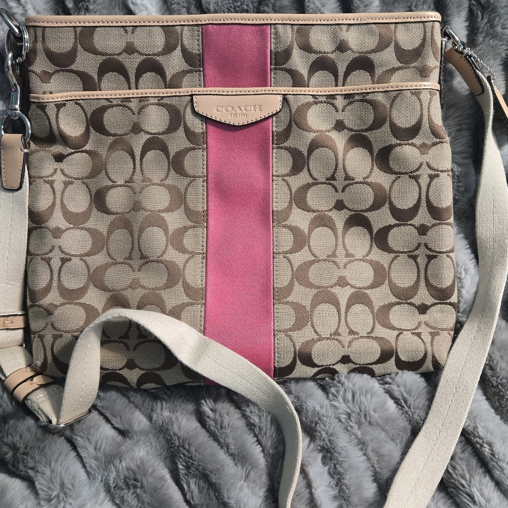 *** SOLD *** Coach Tan and Pink Crossbody Purse with Signature Monogram